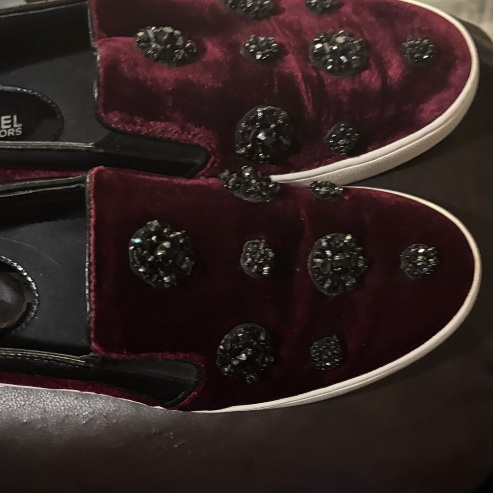 Michael Kors Dark Red Velvet Slip-Ons with Black Accents - tiny wears - Picture 4 of 13